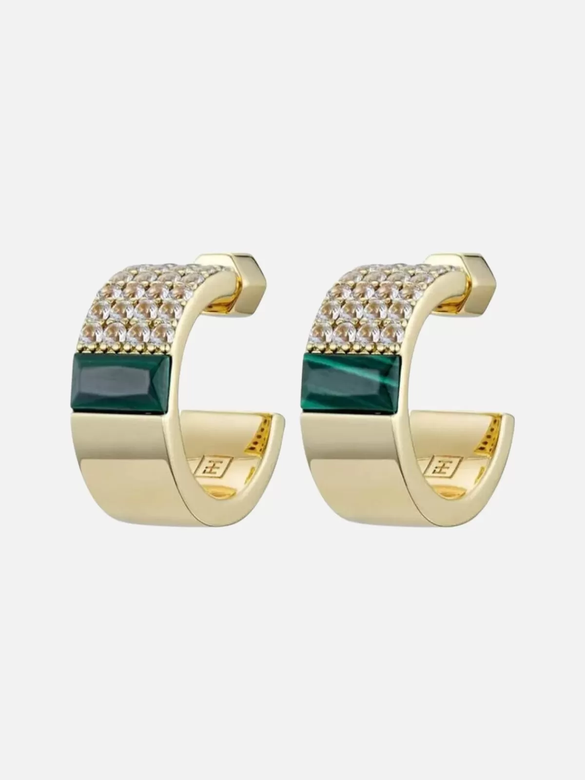 F+H Jewellery Earrings | Jewellery | Spliced Malachite Hoop Earrings: Brass + 18K Gold Plating + Malachite + Topaz